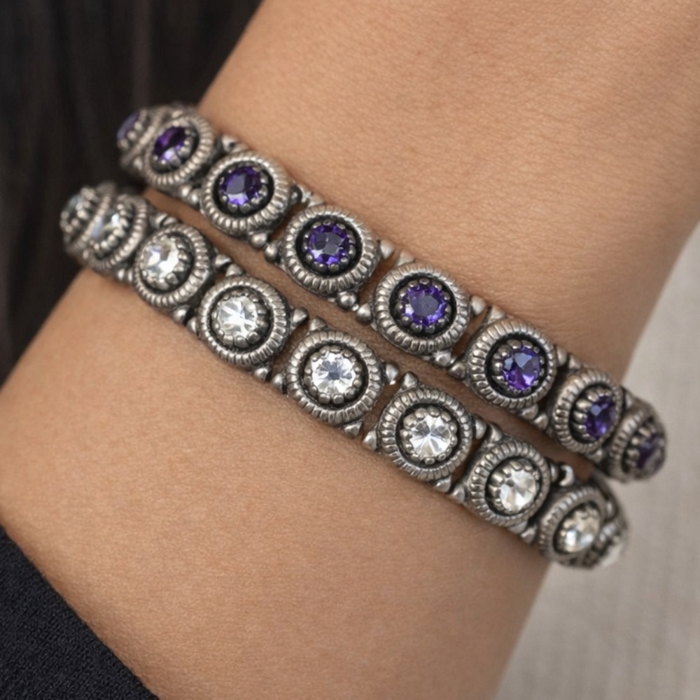 Set of 2 Silver Tone Stretch Bracelets with Clear Crystal & Purple Stones